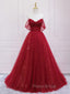 Burgundy Tulle Long Formal Prom Dresses, Burgundy Evening Dresses