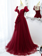 Burgundy Tulle Long Prom Dress, Burgundy Tulle Evening Dress