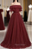 Burgundy Tulle Off the Shoulder Formal Prom Dresses, Long A-Line Evening Dresses