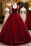 Burgundy Tulle Pleats Besing Sequins Formal Prom Dresses