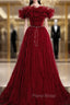 Burgundy Tulle Pleats Off the Shoulder Formal Prom Dresses