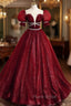 Burgundy Tulle Sequin Long Formal Prom Dresses, Burgundy Formal Evening Dresses