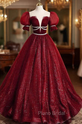 Burgundy Tulle Sequin Long Formal Prom Dresses, Burgundy Formal Evening Dresses