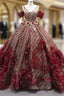 Burgundy Tulle Sequins Flower V-neck Formal Prom Dresses