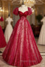 Burgundy Tulle Sequins Puff Sleeve Formal Prom Dresses