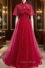 Burgundy Tulle Sequins Strapless Formal Prom Dresses With Shawl