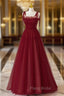 Burgundy Tulle Straps Beading Formal Prom Dresses