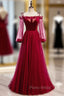Burgundy Tulle Velvet Spaghetti Straps Long Sleeve Formal Prom Dresses