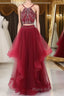 Burgundy two pieces beads long Formal Prom dress, burgundy evening dress