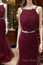 Burgundy Two Pieces Lace Tulle Long Formal Prom Dresses