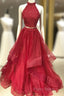 Burgundy Two Pieces Tulle Lace Long Formal Prom Dresses, Lace Formal Dresses