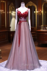 Burgundy V Neck Lace Floral Long Formal Prom Dresses, Burgundy V Neck Long Formal Evening Dresses