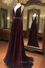 Burgundy V Neck Long Formal Prom Dresses, Burgundy Evening Dresses