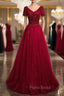 Burgundy V-neck Short Sleeve Beading Formal Prom Dresses