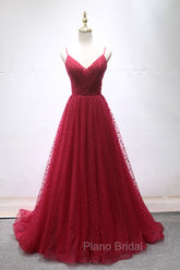 Burgundy V-Neck Tulle Long Formal Prom Dresses, A-Line Backless Evening Party Dresses