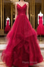 Burgundy v neck tulle long Formal Prom dress, burgundy evening dress
