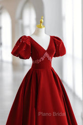 Burgundy V-Neck Velvet Long Formal Dresses, A-Line Short Sleeve Evening Dresses
