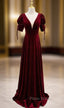 Burgundy Velvet Dee V-neck Short Sleeve Formal Prom Dresses
