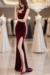 Burgundy Velvet Floor Length Mermaid Formal Prom Dresses, Velvet Bridesmaid Dresses