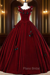 Burgundy Velvet Floor Length Formal Prom Dresses, A-Line Evening Party Dresses With Flowers