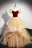 Burgundy Velvet Glitter Cascading Ruffles Formal Prom Dresses, Champagne Tulle Floor Length Evening Dresses