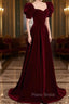Burgundy Velvet Long A-Line Formal Prom Dresses, Simple Short Sleeve Party Dresses