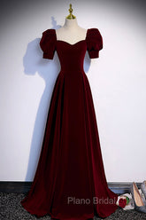 Burgundy Velvet Long A-Line Formal Prom Dresses, Simple Short Sleeve Party Dresses
