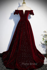 Burgundy Velvet Long Formal Prom Dresses, A-Line Off the Shoulder Evening Dresses