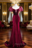 Burgundy Velvet Long Formal Prom Dresses, Mermaid Short Sleeve Party Dresses Wit Bow