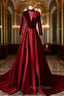 Burgundy Velvet Long Sleeve High Neck See Through Back Formal Prom Dresses