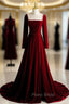 Burgundy Velvet Long Sleeve Pearls Formal Prom Dresses