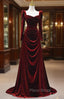 Burgundy Velvet Long Sleeve Pleats Square Neck Formal Prom Dresses