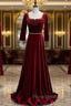 Burgundy Velvet Long Sleeve Square Beading Formal Prom Dresses