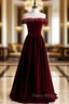 Burgundy Velvet Off the Shoulder Beading Formal Prom Dresses