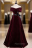 Burgundy Velvet Off the Shoulder Pleats Formal Prom Dresses With Belt