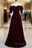 Burgundy Velvet Off the Shoulder Short Sleeve Formal Prom Dresses