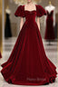 Burgundy Velvet Puff Sleeve Backless Beading Formal Prom Dresses