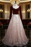 Burgundy Velvet Sequins Long Sleeve Beading Formal Prom Dresses