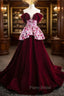 Burgundy Velvet Sequins Off the Shoulder Pearls Formal Prom Dresses