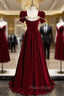 Burgundy Velvet Sequins Square Short Sleeve Formal Prom Dresses