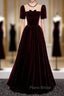 Burgundy Velvet Short Sleeve Bow Formal Prom Dresses
