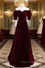 Burgundy Velvet Short Sleeve Long Formal Prom Dresses