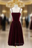 Burgundy Velvet Spaghetti Straps Tea Length Formal Prom Dresses