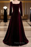 Burgundy Velvet Square Long Sleeve Long Formal Prom Dresses