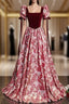 Burgundy Velvet Square Neck Puff Sleeve Formal Prom Dresses