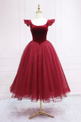 Burgundy Velvet Tulle Tea Length Formal Prom Dresses, Cute A-Line Party Dresses