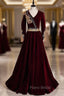 Burgundy Velvet V-neck Long Sleeve Gold Beading Formal Prom Dresses