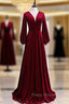 Burgundy Velvet V-neck Long Sleeve Long Formal Prom Dresses