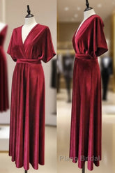 Burgundy Velvet Winter Formal Dresses V-Neck Long Bridesmaid Dresses