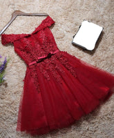 Burgundy Lace Off Shoulder Short Prom Dress, Lace Evening Dress